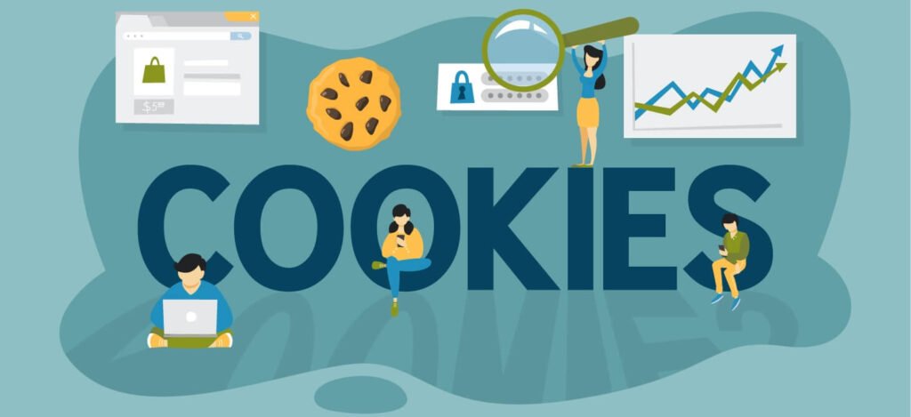 Illustration of cookies in digital and online contexts with a cookie image and various symbols representing security, online shopping, and analytics.