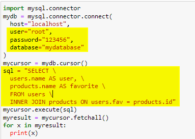 A Python code snippet connecting to a MySQL database using the mysql.connector library. It performs an SQL query with a JOIN operation between two tables: users and products.