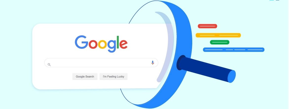 Illustration of a magnifying glass over a Google search bar representing improved search skills for tech queries
