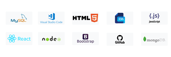 Fullstack web development tools & technologies including HTML, CSS, JavaScript, React, Node.js, MongoDB, and Bootstrap.