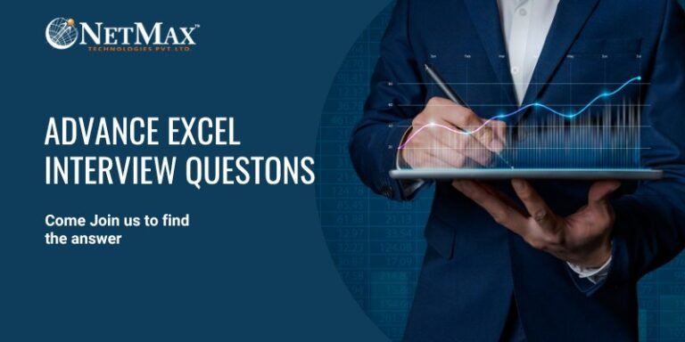 Advanced Excel Interview Questions banner showing a professional in navy blue suit holding a tablet displaying holographic data visualization with financial charts, graphs, and analytics against a teal background with NetMax Technologies logo
