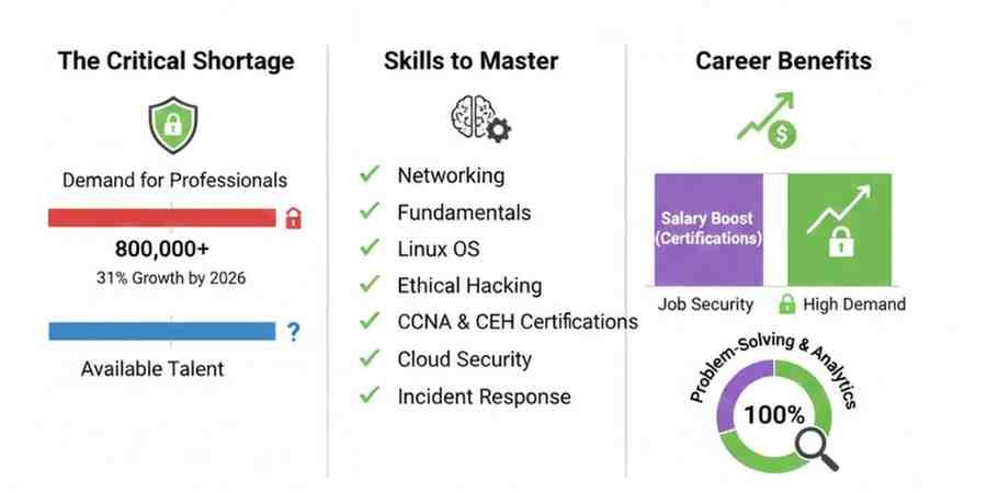 10 IT Skills demand focus on Cybersecurity with growth statistics, required skills, and career benefits.