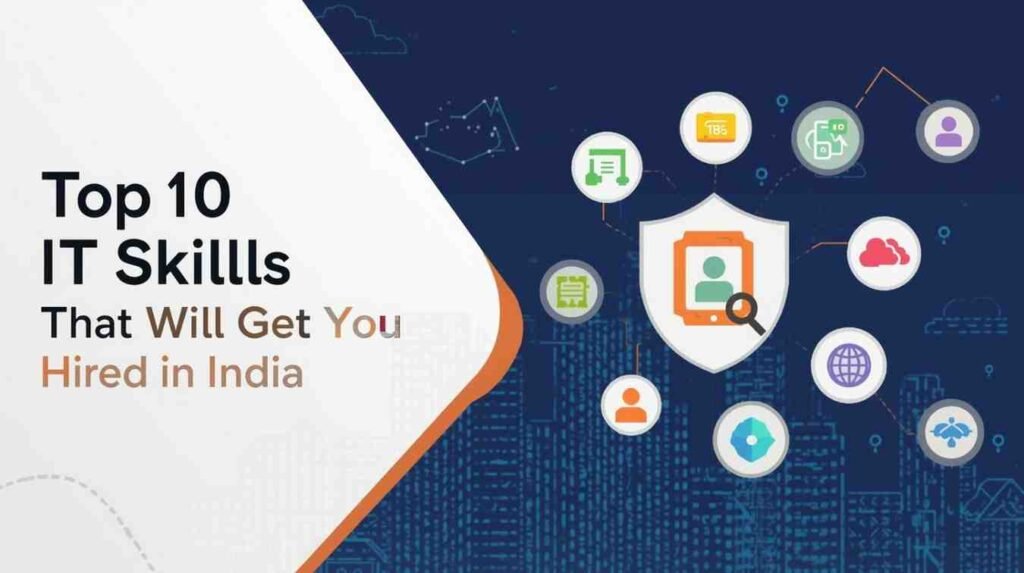 Top 10 IT Skills that will get you hired in India including AI / Machine Learning, Data Science, Cloud Computing AWS, DevOps, Full Stack Development, Cybersecurity, Generative AI, and Python Programming.